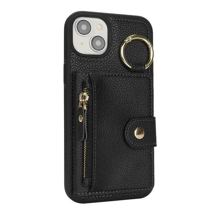 Coque iPhone 15 Simili Cuir Litchi Portefeuille Zippé Anneau Béquille