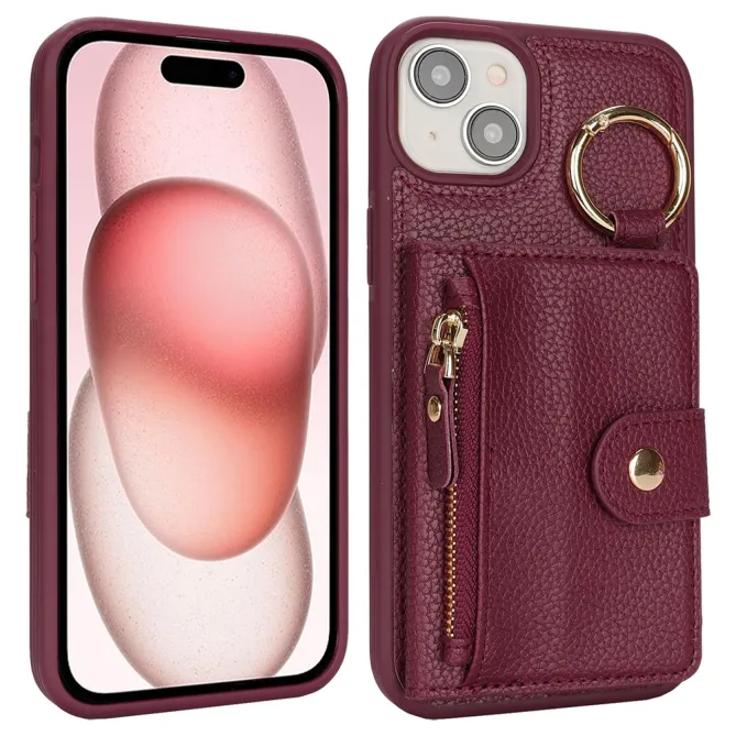 Coque iPhone 15 Simili Cuir Litchi Portefeuille Zippé Anneau Béquille