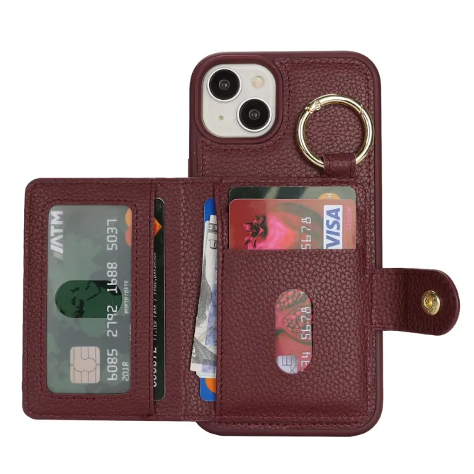 Coque iPhone 15 Simili Cuir Litchi Portefeuille Zippé Anneau Béquille