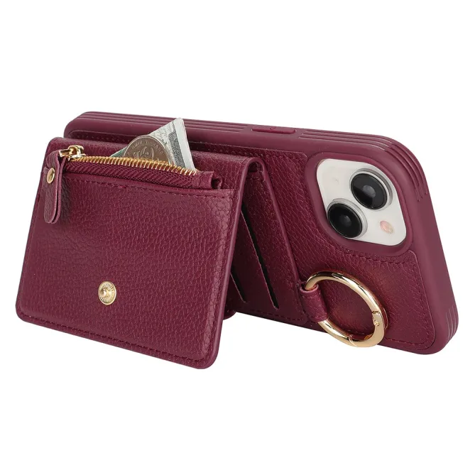 Coque iPhone 15 Simili Cuir Litchi Portefeuille Zippé Anneau Béquille