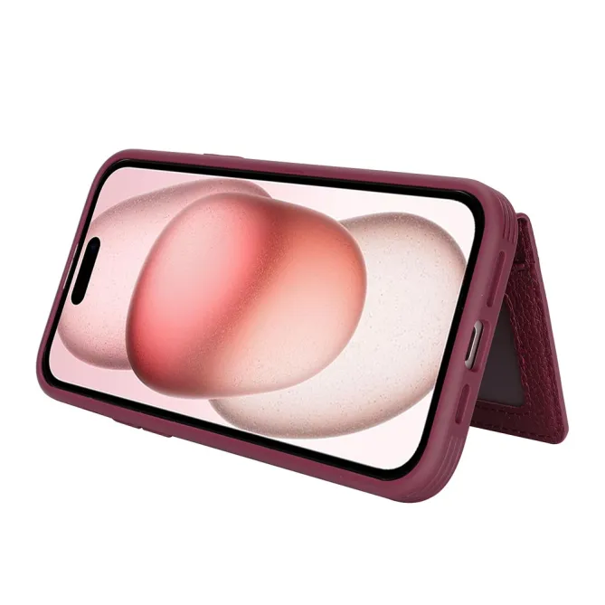 Coque iPhone 15 Simili Cuir Litchi Portefeuille Zippé Anneau Béquille