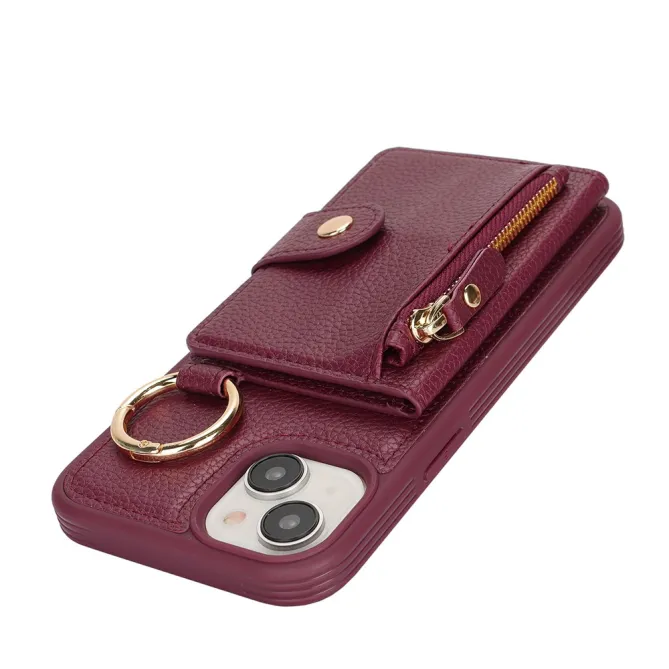 Coque iPhone 15 Simili Cuir Litchi Portefeuille Zippé Anneau Béquille