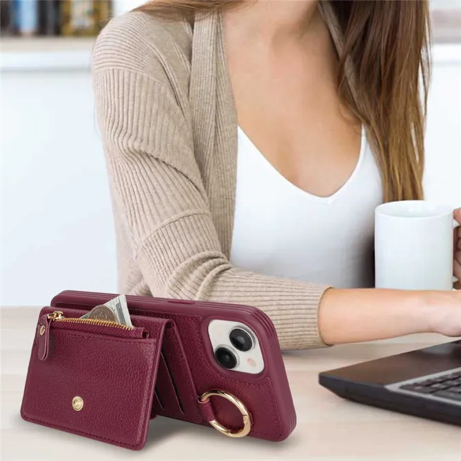 Coque iPhone 15 Simili Cuir Litchi Portefeuille Zippé Anneau Béquille