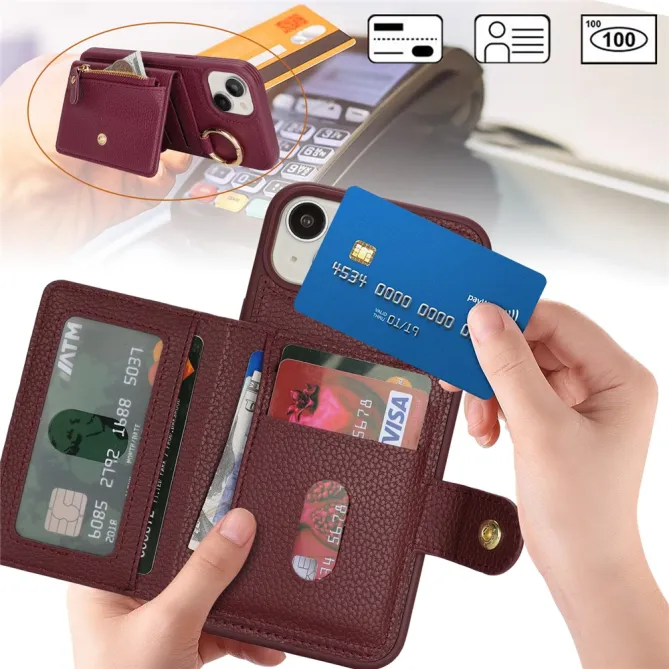 Coque iPhone 15 Simili Cuir Litchi Portefeuille Zippé Anneau Béquille