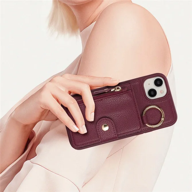Coque iPhone 15 Simili Cuir Litchi Portefeuille Zippé Anneau Béquille