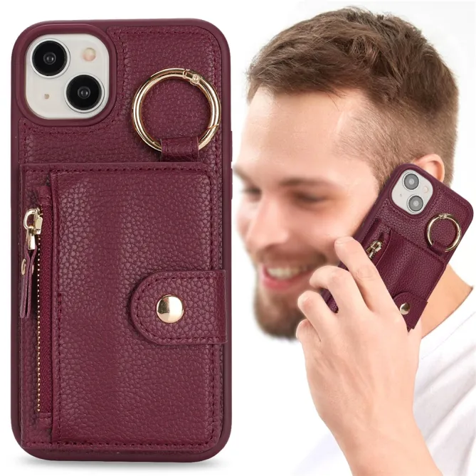 Coque iPhone 15 Simili Cuir Litchi Portefeuille Zippé Anneau Béquille