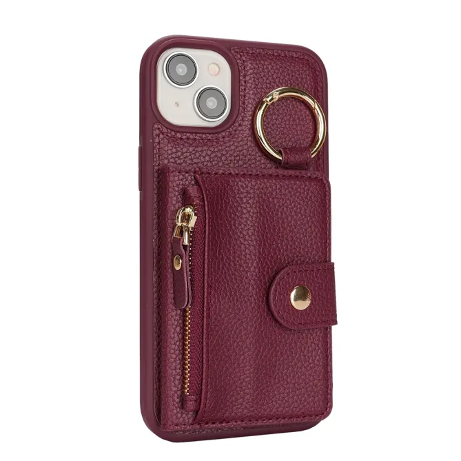 Coque iPhone 15 Simili Cuir Litchi Portefeuille Zippé Anneau Béquille