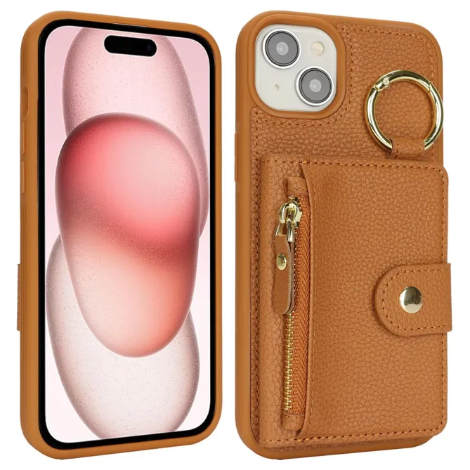 Coque iPhone 15 Simili Cuir Litchi Portefeuille Zippé Anneau Béquille