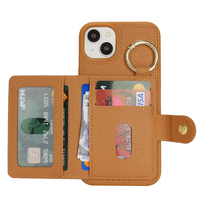 Coque iPhone 15 Simili Cuir Litchi Portefeuille Zippé Anneau Béquille