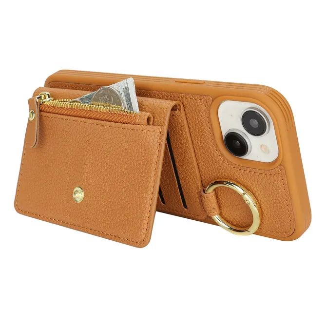 Coque iPhone 15 Simili Cuir Litchi Portefeuille Zippé Anneau Béquille