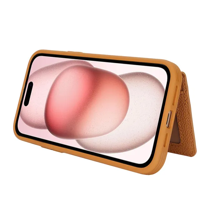Coque iPhone 15 Simili Cuir Litchi Portefeuille Zippé Anneau Béquille