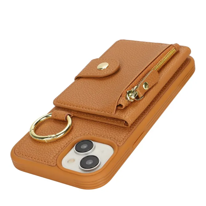 Coque iPhone 15 Simili Cuir Litchi Portefeuille Zippé Anneau Béquille