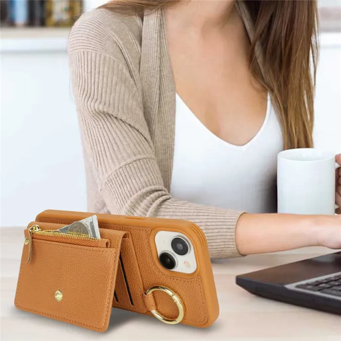 Coque iPhone 15 Simili Cuir Litchi Portefeuille Zippé Anneau Béquille