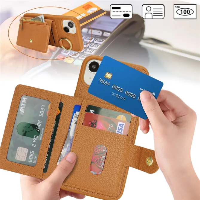 Coque iPhone 15 Simili Cuir Litchi Portefeuille Zippé Anneau Béquille