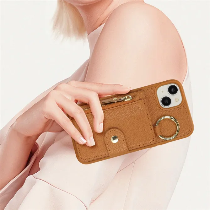 Coque iPhone 15 Simili Cuir Litchi Portefeuille Zippé Anneau Béquille
