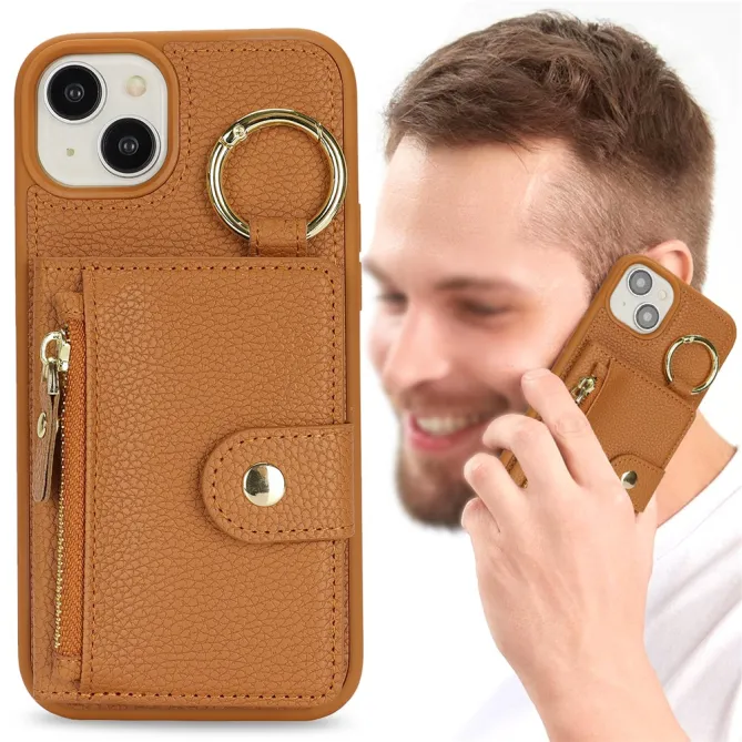 Coque iPhone 15 Simili Cuir Litchi Portefeuille Zippé Anneau Béquille