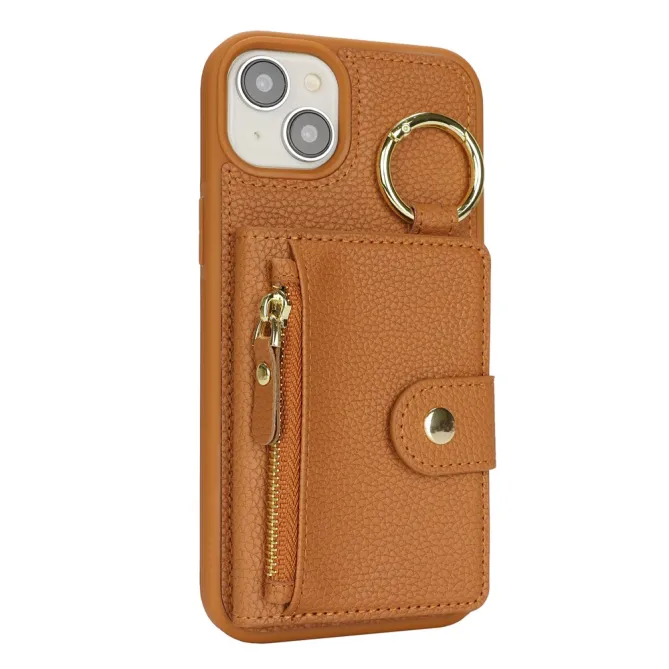 Coque iPhone 15 Simili Cuir Litchi Portefeuille Zippé Anneau Béquille