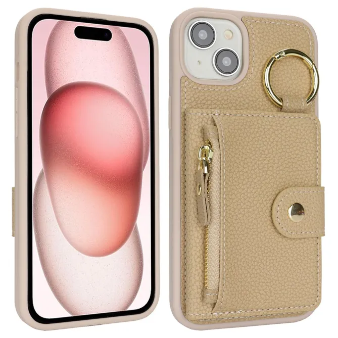 Coque iPhone 15 Simili Cuir Litchi Portefeuille Zippé Anneau Béquille