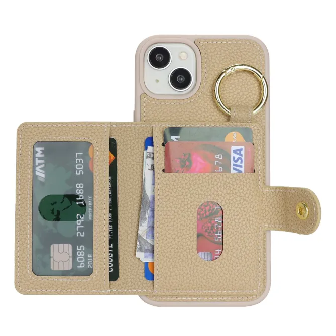 Coque iPhone 15 Simili Cuir Litchi Portefeuille Zippé Anneau Béquille