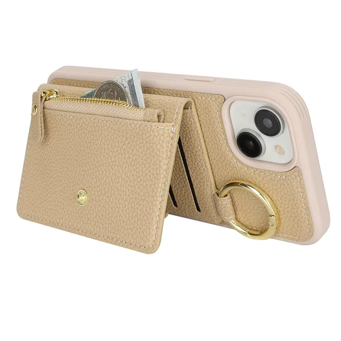 Coque iPhone 15 Simili Cuir Litchi Portefeuille Zippé Anneau Béquille