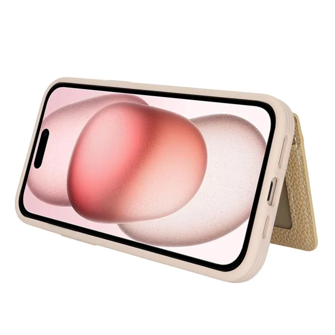 Coque iPhone 15 Simili Cuir Litchi Portefeuille Zippé Anneau Béquille