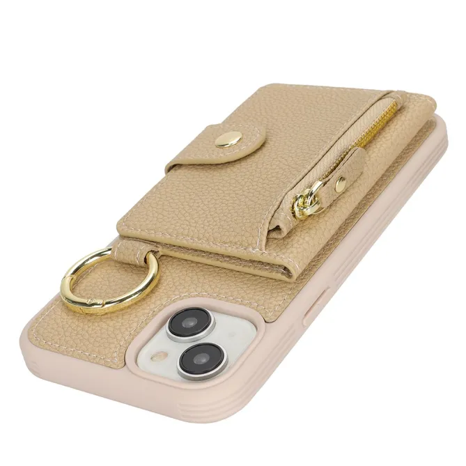 Coque iPhone 15 Simili Cuir Litchi Portefeuille Zippé Anneau Béquille