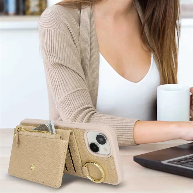 Coque iPhone 15 Simili Cuir Litchi Portefeuille Zippé Anneau Béquille