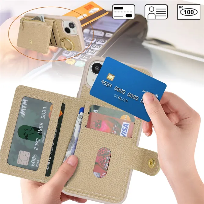 Coque iPhone 15 Simili Cuir Litchi Portefeuille Zippé Anneau Béquille