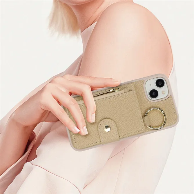 Coque iPhone 15 Simili Cuir Litchi Portefeuille Zippé Anneau Béquille