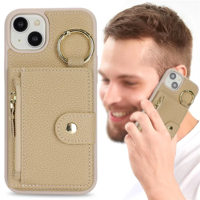 Coque iPhone 15 Simili Cuir Litchi Portefeuille Zippé Anneau Béquille