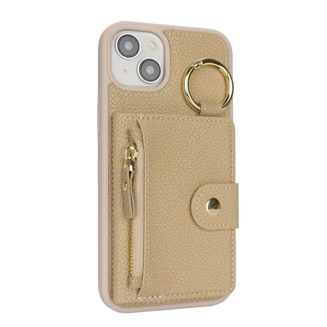 Coque iPhone 15 Simili Cuir Litchi Portefeuille Zippé Anneau Béquille
