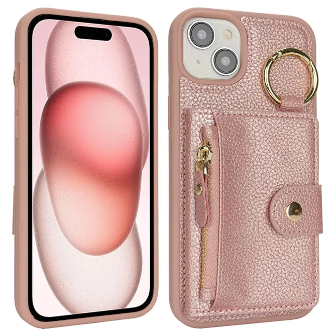 Coque iPhone 15 Simili Cuir Litchi Portefeuille Zippé Anneau Béquille