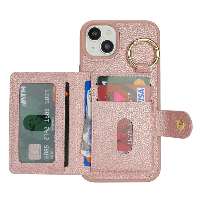 Coque iPhone 15 Simili Cuir Litchi Portefeuille Zippé Anneau Béquille