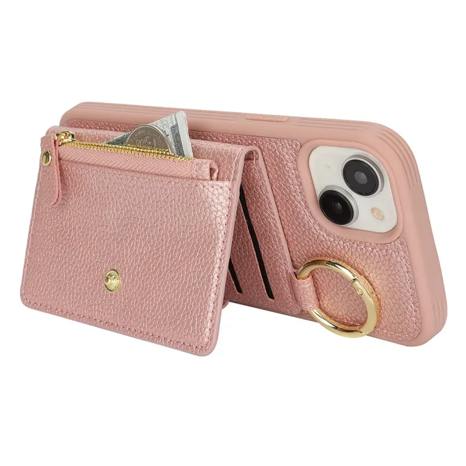 Coque iPhone 15 Simili Cuir Litchi Portefeuille Zippé Anneau Béquille