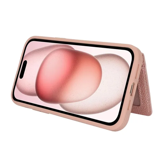 Coque iPhone 15 Simili Cuir Litchi Portefeuille Zippé Anneau Béquille