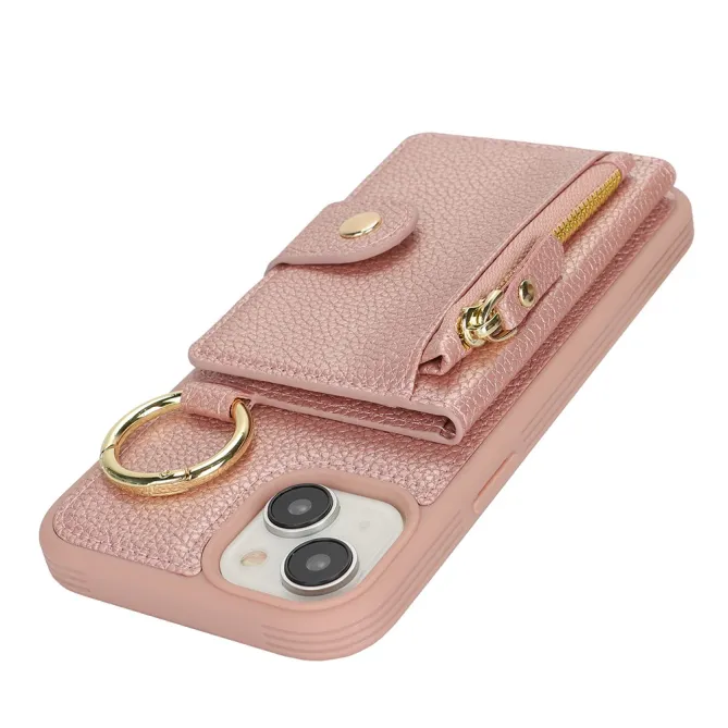Coque iPhone 15 Simili Cuir Litchi Portefeuille Zippé Anneau Béquille