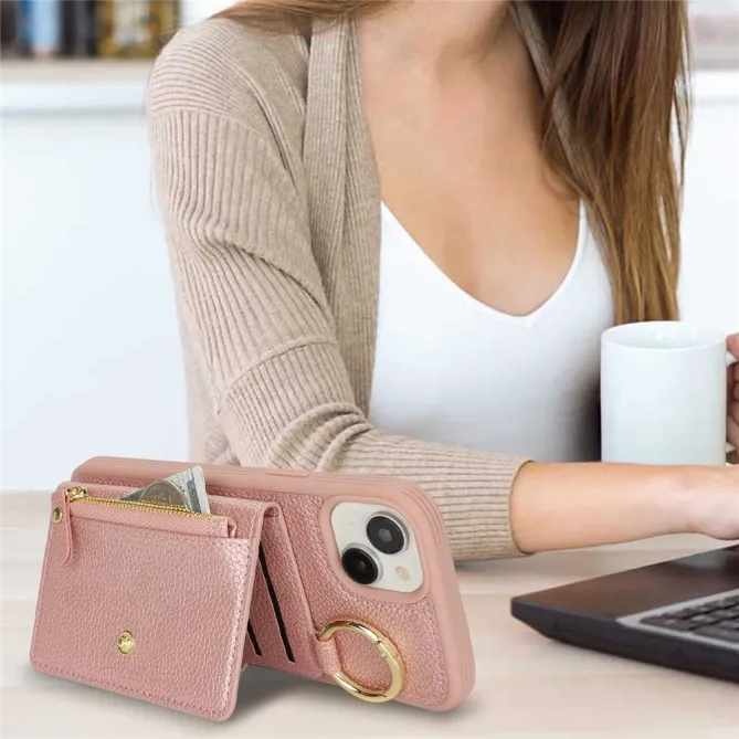 Coque iPhone 15 Simili Cuir Litchi Portefeuille Zippé Anneau Béquille