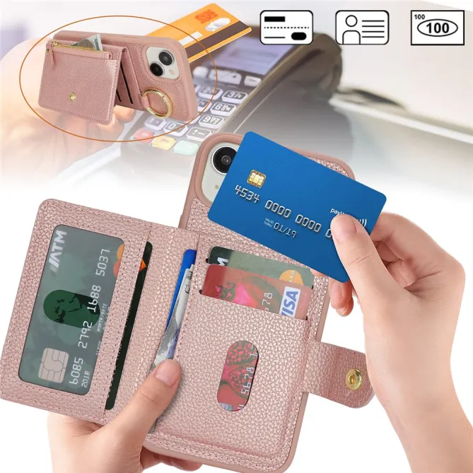 Coque iPhone 15 Simili Cuir Litchi Portefeuille Zippé Anneau Béquille