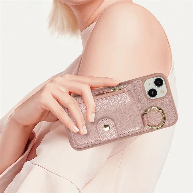 Coque iPhone 15 Simili Cuir Litchi Portefeuille Zippé Anneau Béquille
