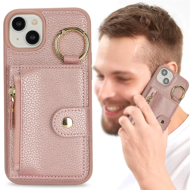 Coque iPhone 15 Simili Cuir Litchi Portefeuille Zippé Anneau Béquille