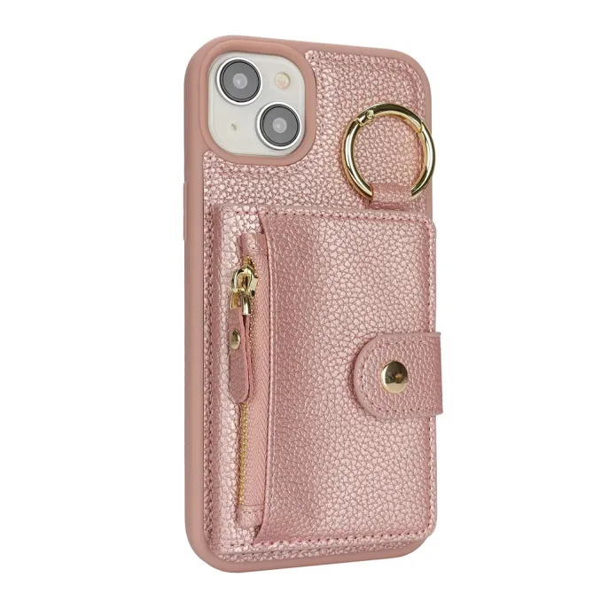 Coque iPhone 15 Simili Cuir Litchi Portefeuille Zippé Anneau Béquille