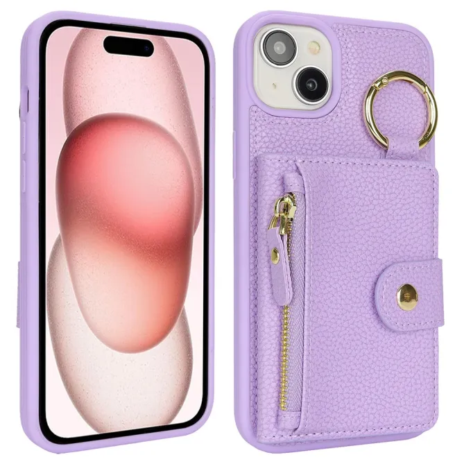 Coque iPhone 15 Simili Cuir Litchi Portefeuille Zippé Anneau Béquille