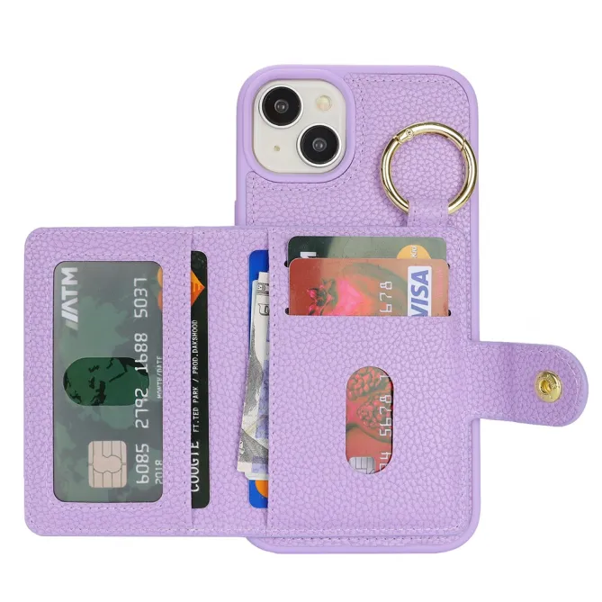 Coque iPhone 15 Simili Cuir Litchi Portefeuille Zippé Anneau Béquille