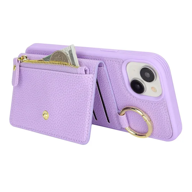 Coque iPhone 15 Simili Cuir Litchi Portefeuille Zippé Anneau Béquille