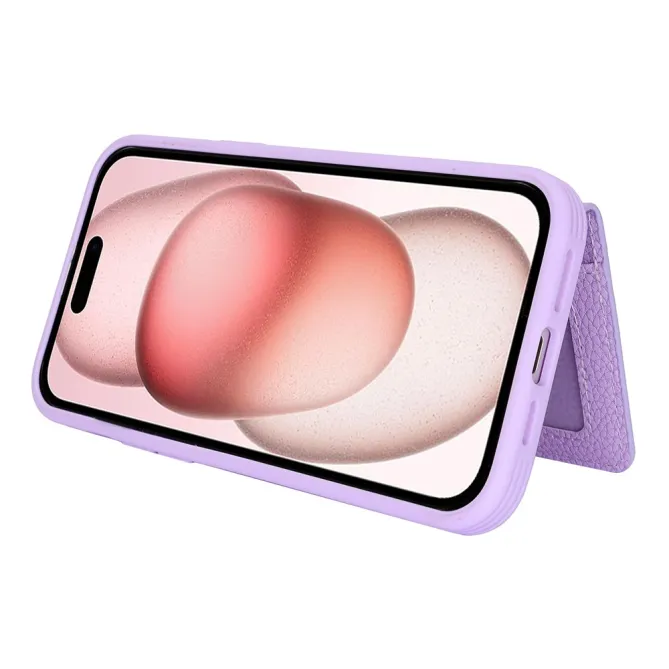 Coque iPhone 15 Simili Cuir Litchi Portefeuille Zippé Anneau Béquille