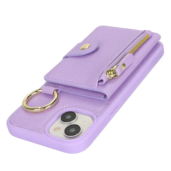 Coque iPhone 15 Simili Cuir Litchi Portefeuille Zippé Anneau Béquille