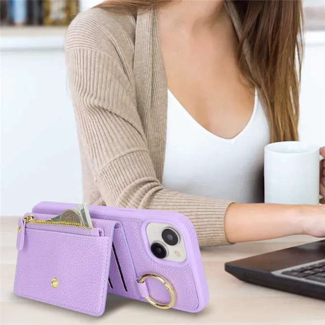 Coque iPhone 15 Simili Cuir Litchi Portefeuille Zippé Anneau Béquille