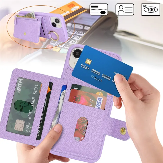 Coque iPhone 15 Simili Cuir Litchi Portefeuille Zippé Anneau Béquille
