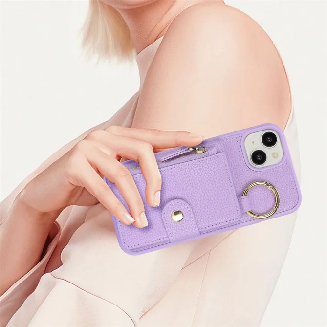 Coque iPhone 15 Simili Cuir Litchi Portefeuille Zippé Anneau Béquille