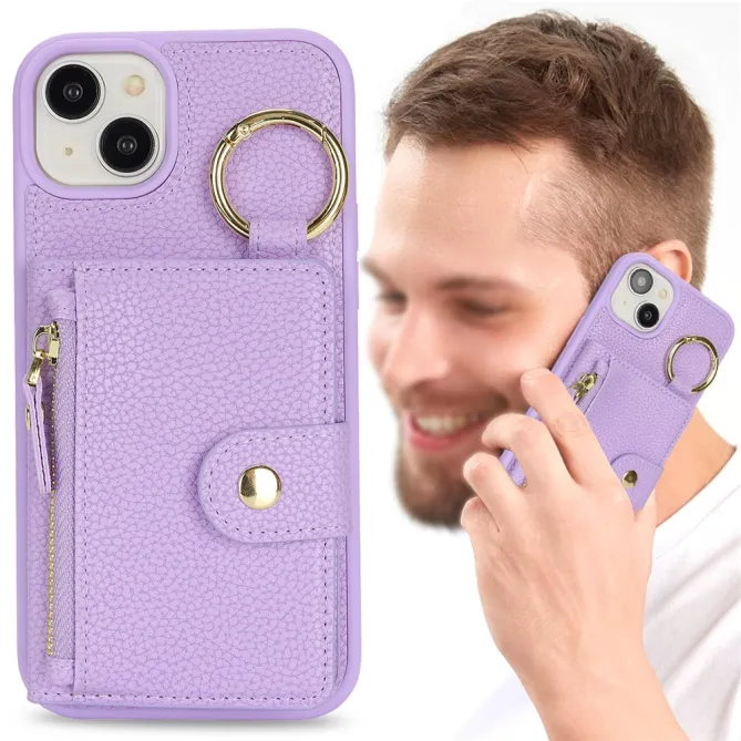 Coque iPhone 15 Simili Cuir Litchi Portefeuille Zippé Anneau Béquille